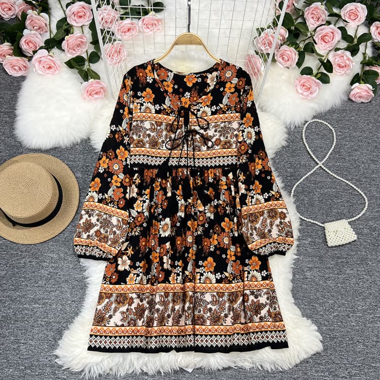 Hot Sale Boho Dresses Long Sleeve Fringed Irregular Print Sexy Dresses