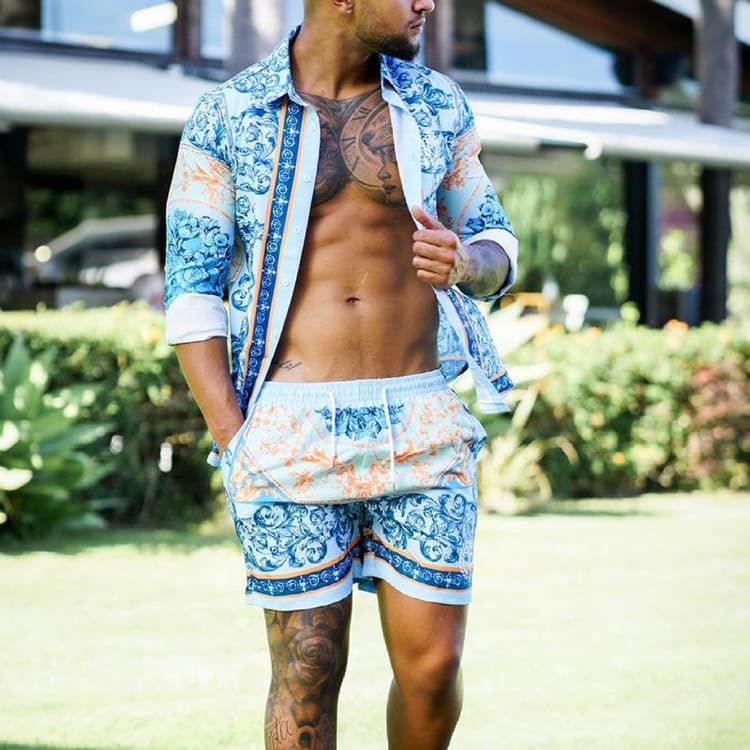 Casual Suit Men's Seaside Style Short Sleeved Shirt Beach Pants Printed Short T-shirt Sports Shorts Two-piece Set