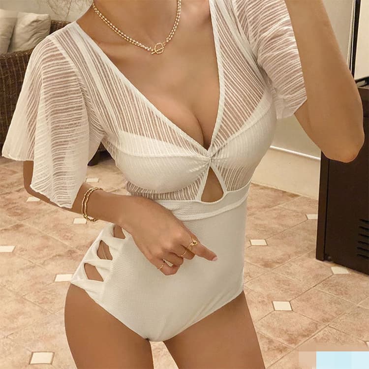 New Mesh Sexy Bikini Two Piece High Waist Swimsuit Solid Color Ruffle Girls Swimwear Beachwear