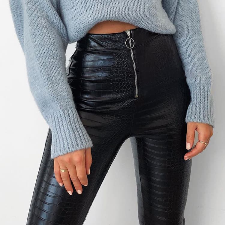 High Waist Casual Crocodile Leather Pants Women Slim Fit PU Leather Fashion Zipper Tights