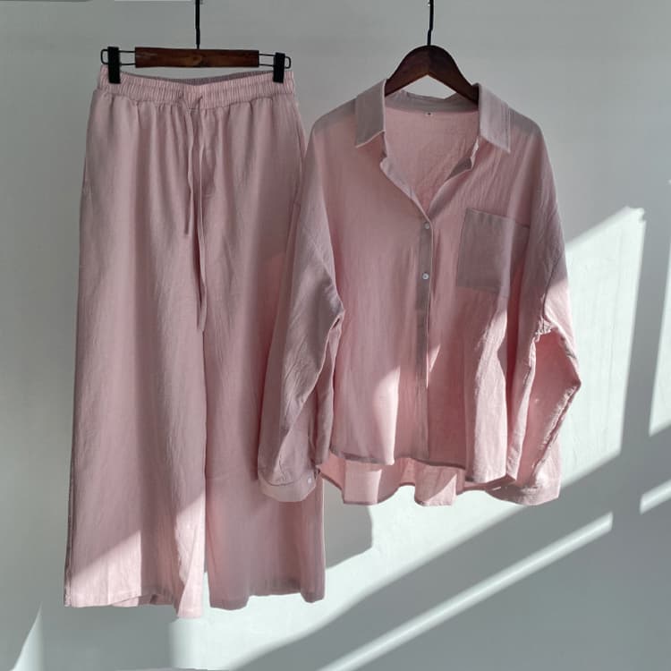 Solid Color Women Set Plus Size Casual Suit Cotton Linen Shirt Set High Waist Loose Pants Set