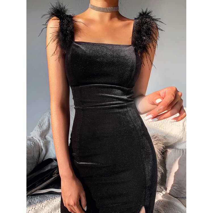 New Sexy Evening Dresses Noble Wrap Hip Dresses Medium Long Split Fur Shoulder Dresses for Women