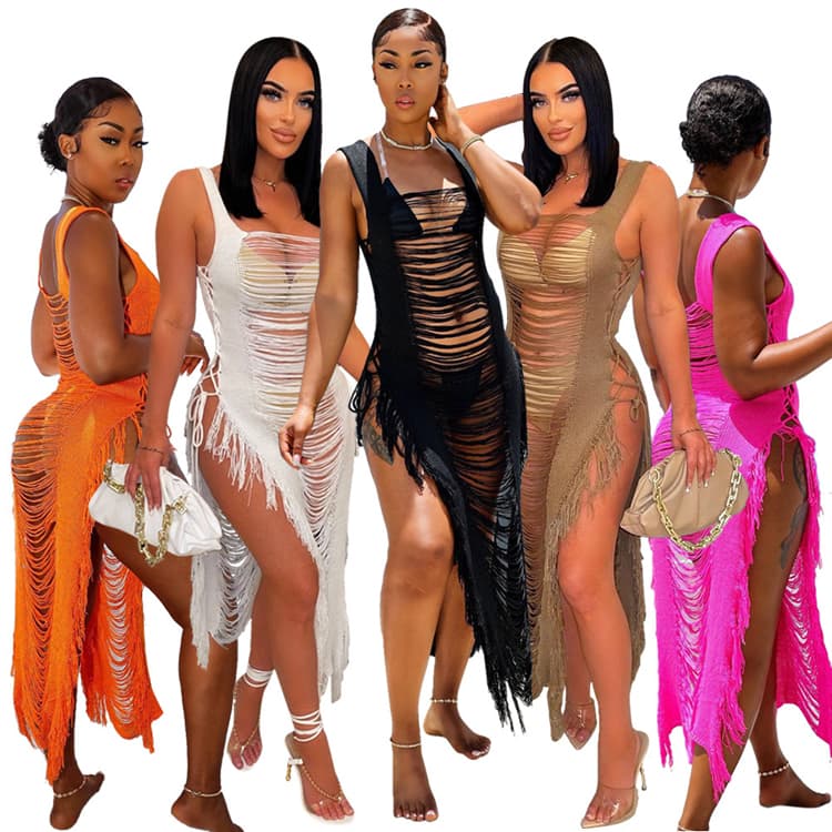 Wholesale Hot Crochet Beach Dresses Hook Sexy Holiday Style Blouse Tassel Dresses
