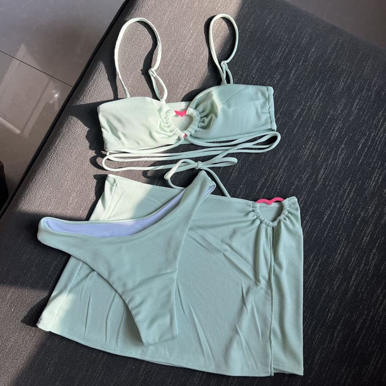 New Pit Stripe Fabric Bikini Set Solid Color Three Piece Swimwear Cute Girl Bikini