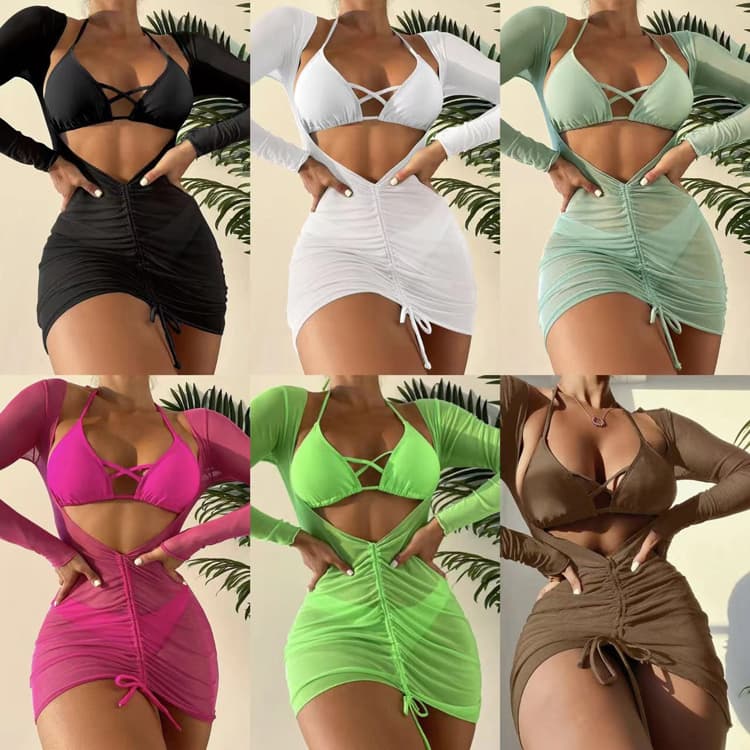 2023 New Three Piece Bikini Long Yarn Skirt Swimwear Drawstring Strap Solid Color Swimwear