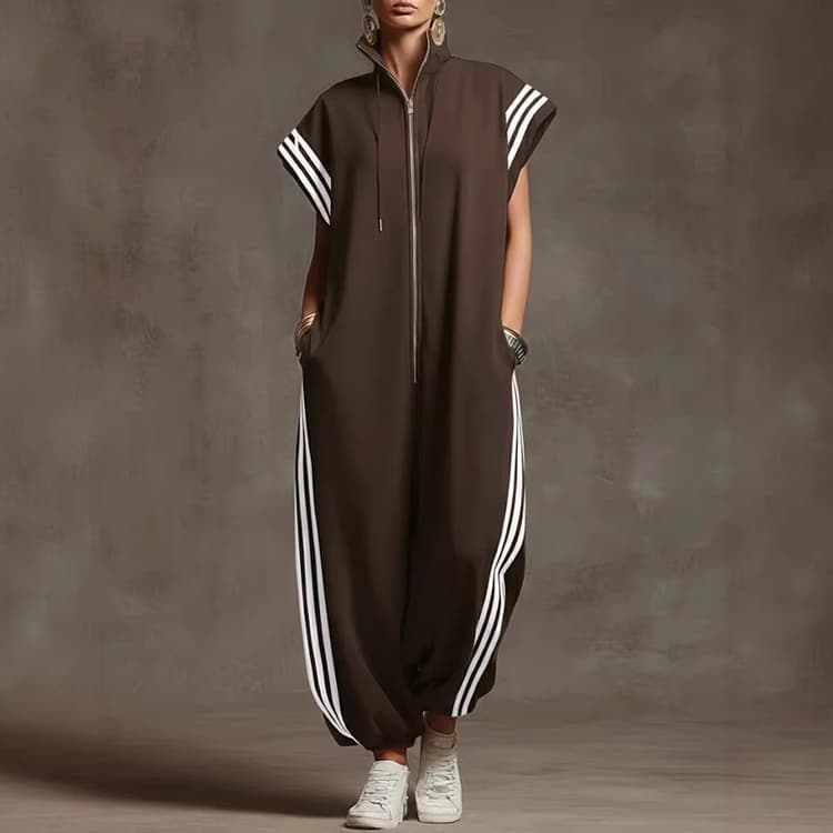 2026 New Casual Jumpsuit Zipper Stand up Collar Striped Fashion Jumpsuit Short Sleeved Jumpsuit