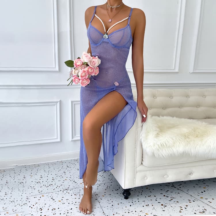 Romantic Pearl Shell Purple Micro Stretch Lingerie Cover Dress Mesh High Cut Sexy Suspender Long Dress