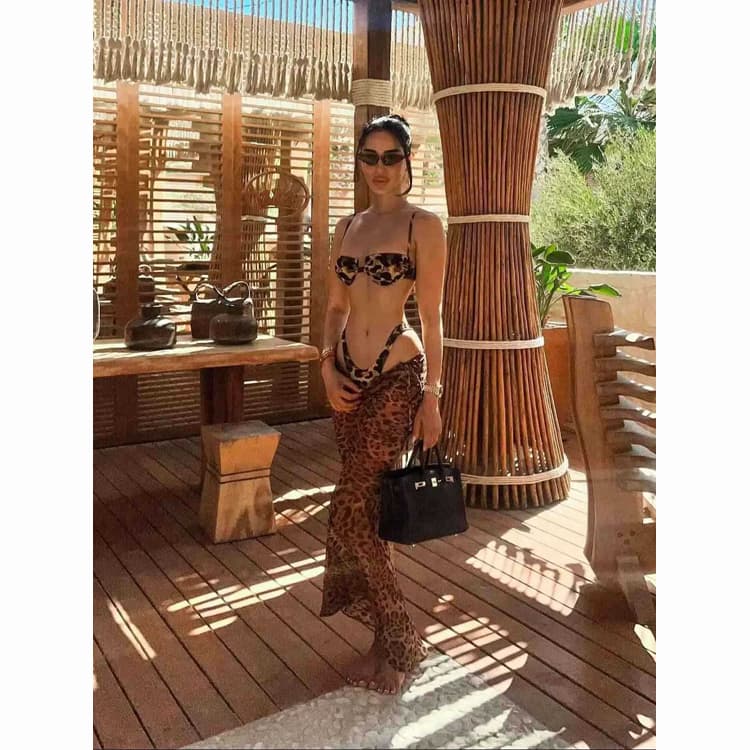 Leopard Print Sexy Mesh Bikini 3 Piece Set 2025 New Fashion Wholesale High Quality Swimwear Sets