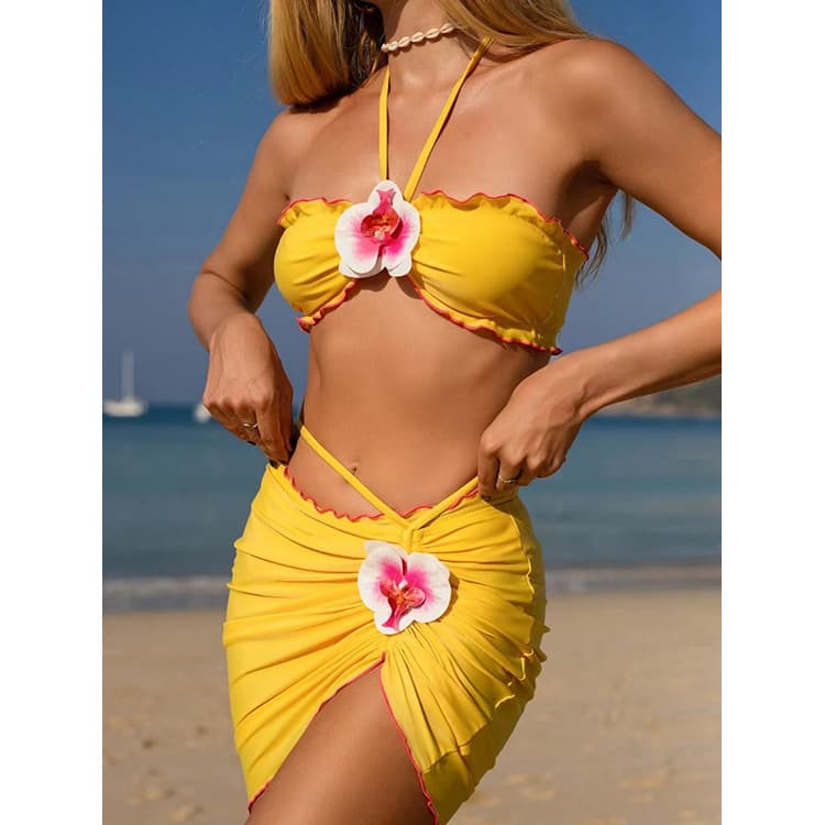 Wholesale 3D Flower Sexy Halter 2025 New Bikini Three Piece Fashion Spa Hawaii Beach Swimsuit Set