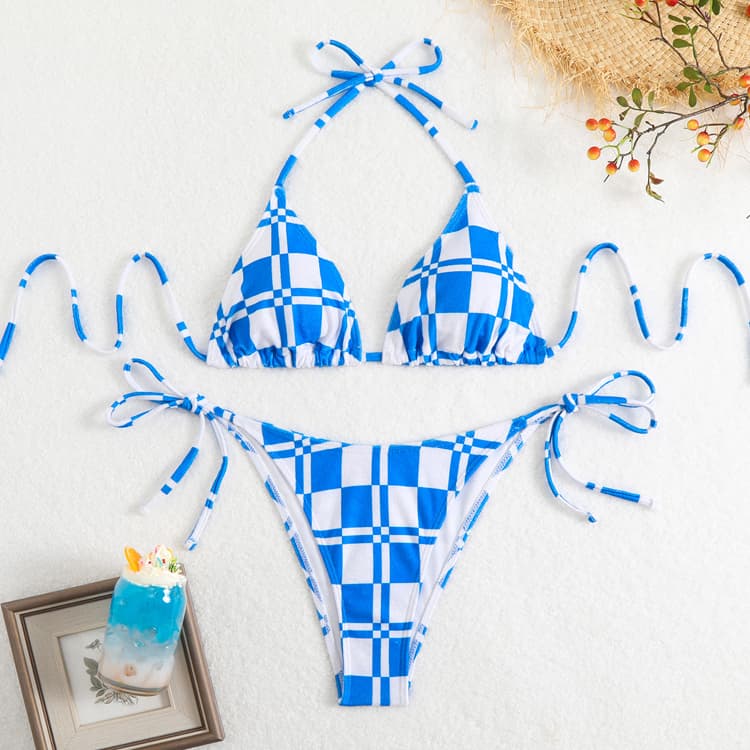 Pink Blue Square Print Sexy Bikini Two Piece 2025 New Fashion Halter Beach Swimwear Set