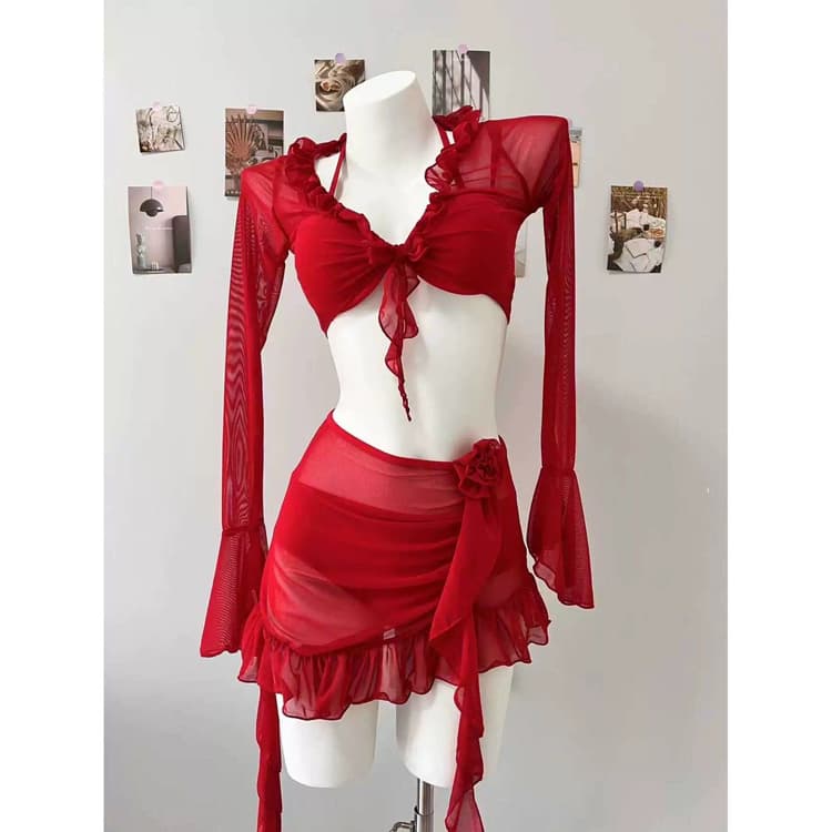 2025 New Wholesale Red Rose Bikini 4 Piece Long Sleeve Holiday Swimsuit Mesh Ruffle Backless Girl Sexy Beachwear