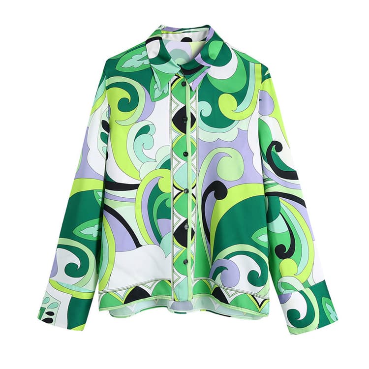 2022 Women Gift Sets Cool Long Sleeves Green Printed Shirts Loose Pants 2 Piece Women Clothing