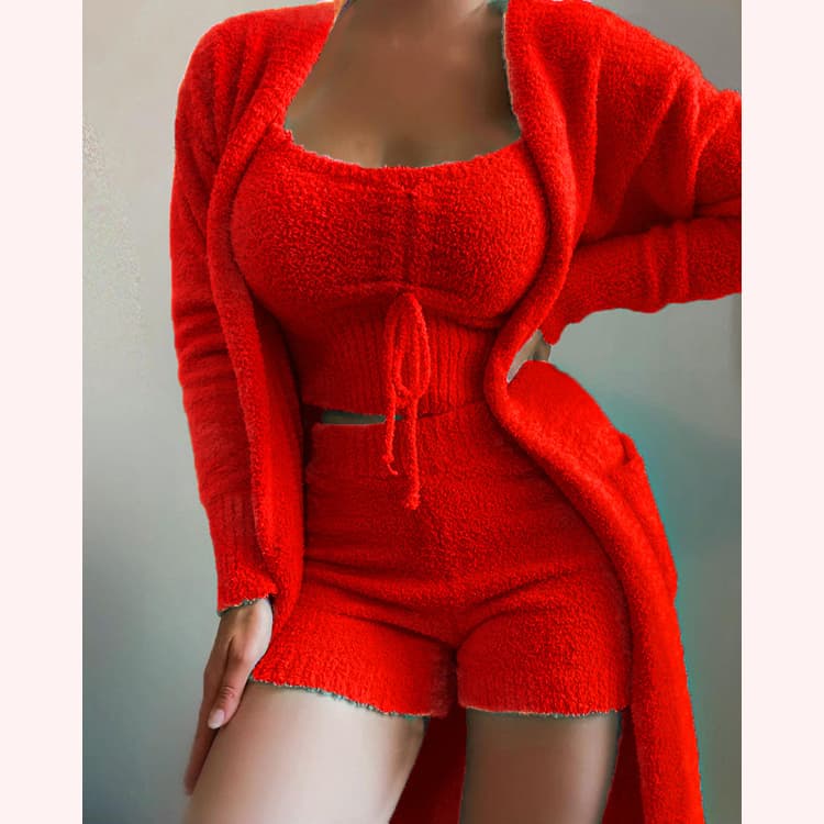 New Solid Color New Pajama Set Women Ladies Knitted Women 3 Piece Loungewear