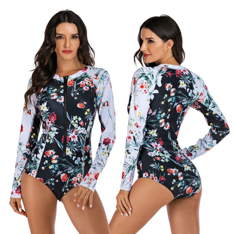 Floral Printed One Piece Long Sleeve Women Rash Guard Zipper Plain Rash Guards Wholesale
