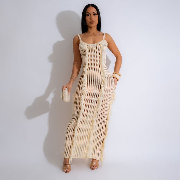 2024 New Solid Hollow Out Maxi Length Tassel Crochet Sexy Halter Long Dress Women Knitted Dresses