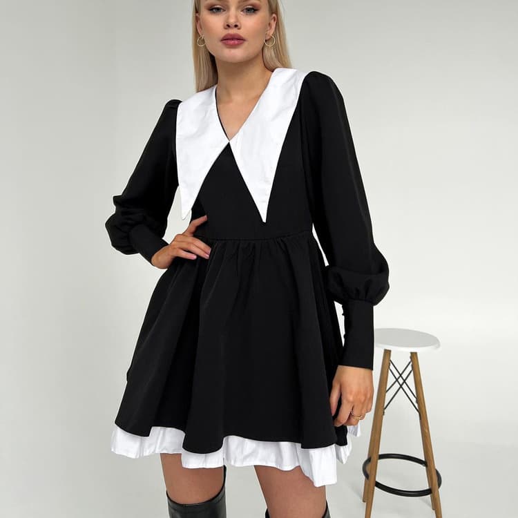 New French Design Sense Dresses Doll Neck Waist Hepburn Style Black Puffy Dresses