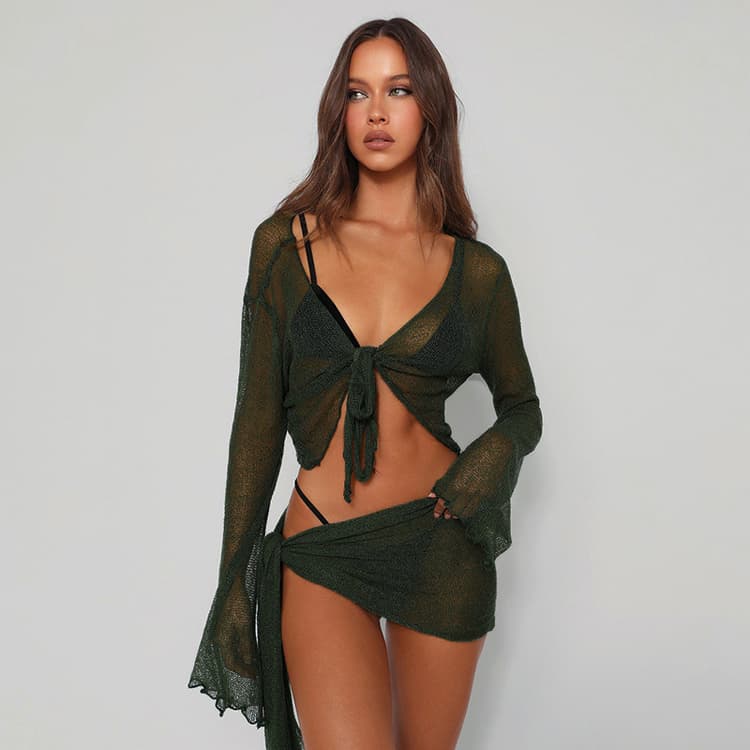 Mesh Perspective Strap Long Sleeve Tube Top Casual Half Skirt Set