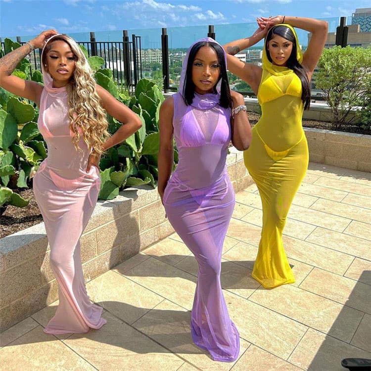 Summer New Women Fashion Hooded Dresses Sexy Perspective Mesh Dresses