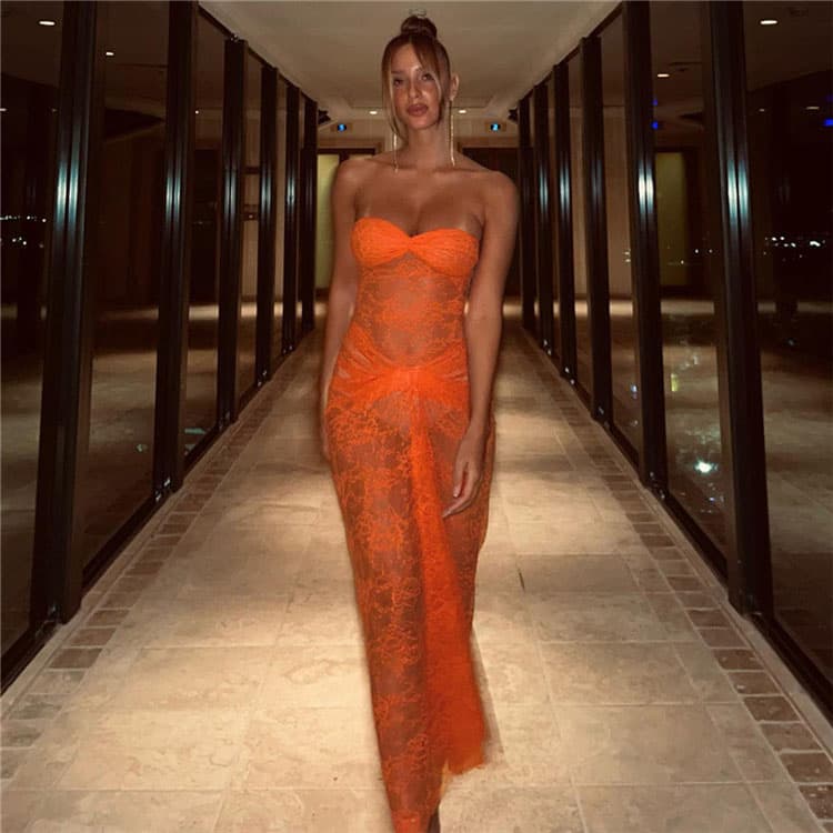 New Women Fashion Sexy Wrap Chest Dresses Lace Perspective Slim Fit Wrap Hip Dresses