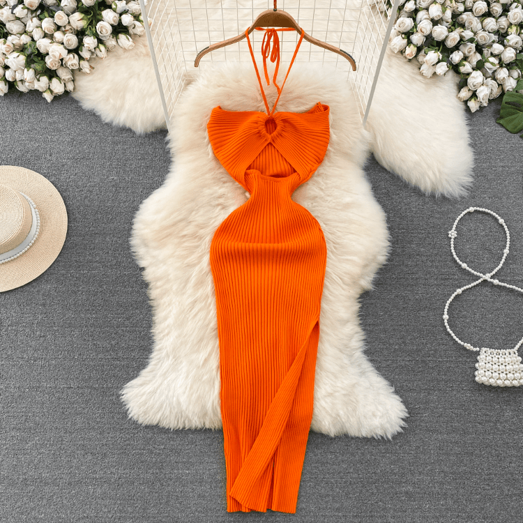 New Style Hanging Neck Hollow Dresses Tight Backless Sleeveless Dresses Split Hip Knitted Dresses