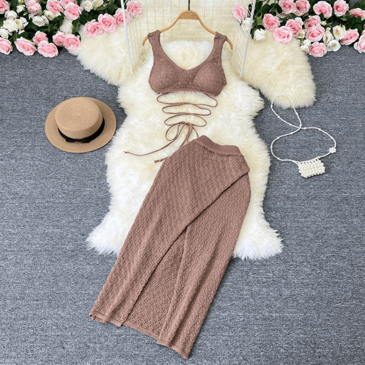 Summer Seaside Vacation Fashion Set Camisole Vest Two-piece High Waisted Slit Wrap Hip Skirt Set