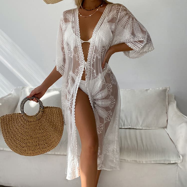 New White Swimsuit Cover Ups Sexy Hollowed Cardigan Embroidered Beach Bikini Cover Ups