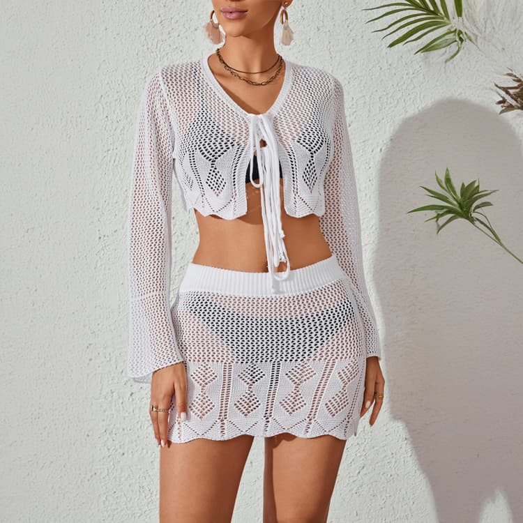 Wholesale Customized Beach Sets White Knit Beach Bikini Swimwear Cover Ups