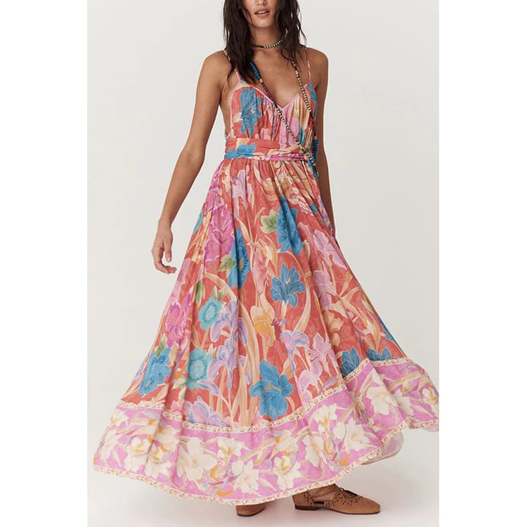 2025 Summer New Floral Printed Dresses Sexy Halter Dresses Loose Casual Vacation Dresses for Women