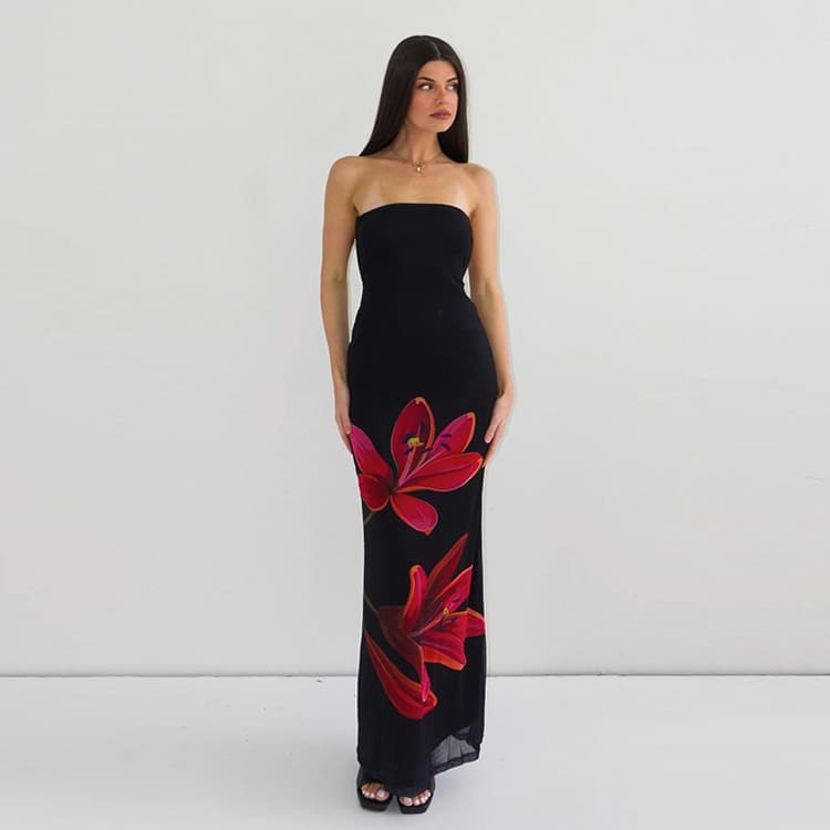 Summer New Floral Printed Dresses One Shoulder Sheath Backless Dresses Black Strappy Dresses