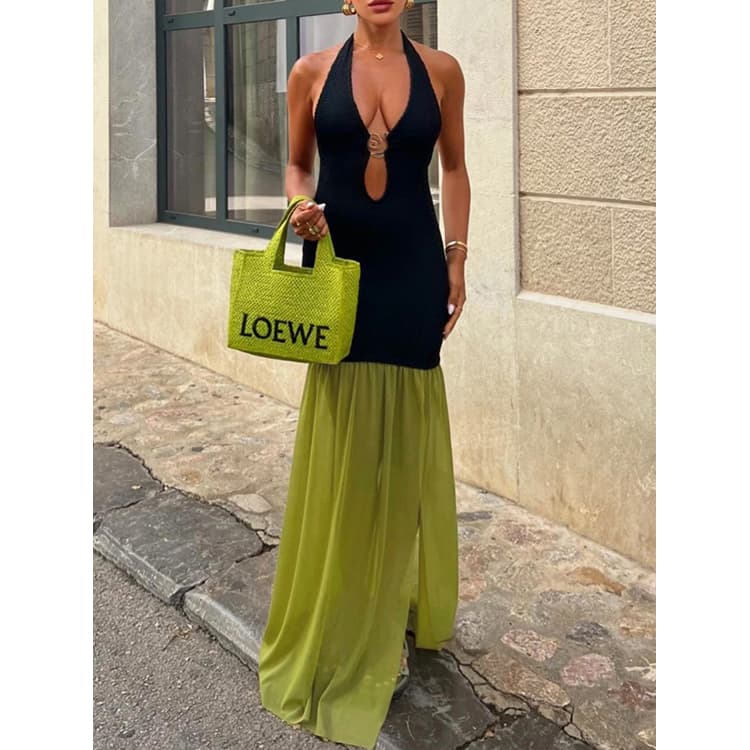 Wholesale New Backless Sleeveless Dresses Sexy Hollow Dresses Deep V Patchwork Dresses for Women