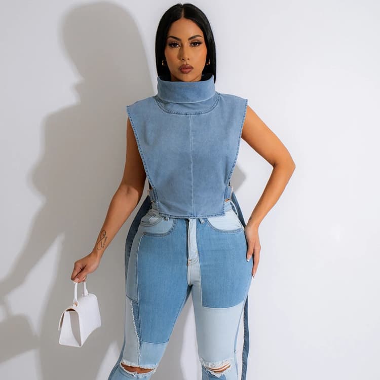 Summer Statement Tank Top Trendy Hollow-Neck Vest Washed Sleeveless Denim Short Vest for Women
