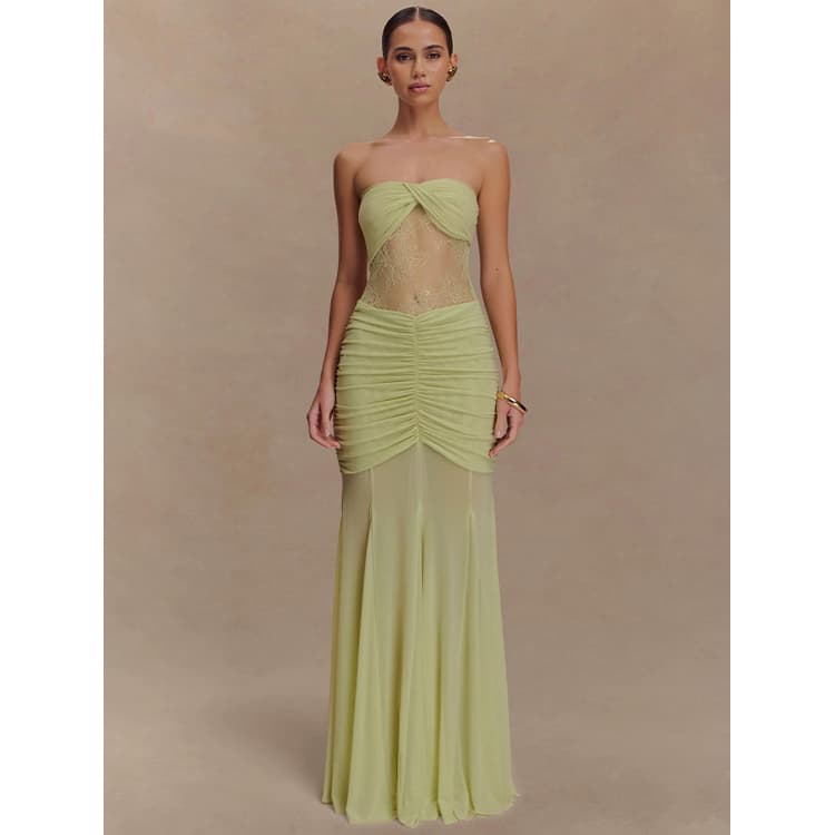 Summer Bestseller Strapless Maxi Dresses Sexy Lace up Pleated Slim Fit Dresses Solid Color Lace Dresses