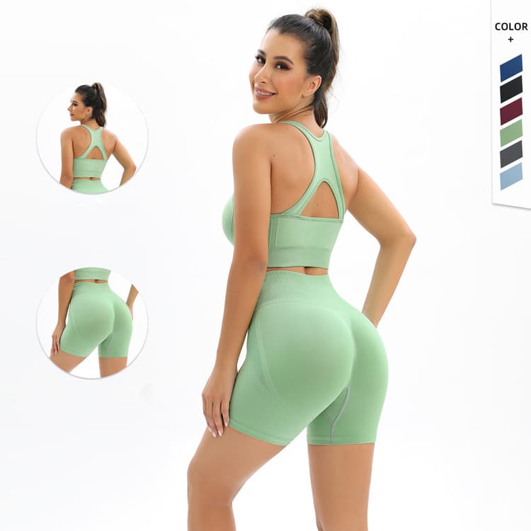 New Seamless Knitted Back and Hip up Yoga Suit Set Sports Running Fitness Suit Two Piece Set for Women