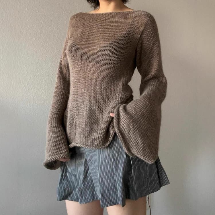 New Temperament Flared Sleeve Knitted Top Lace up Sexy Backless Sweater for Women