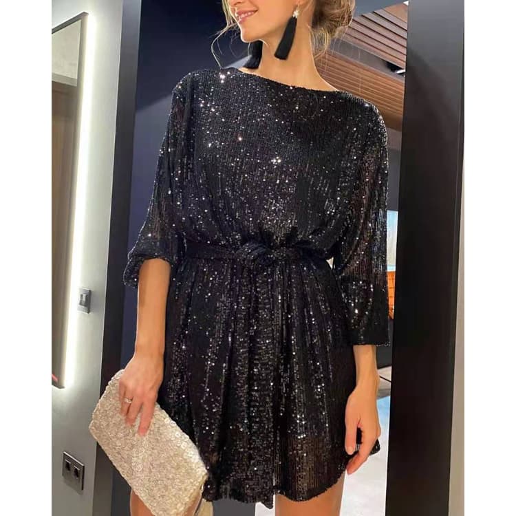 Hot Solid Color Dresses Holiday Party Shiny Bead Dresses
