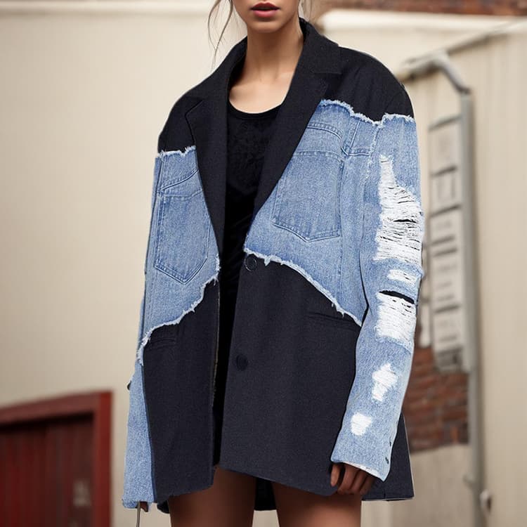 Loose Denim Jacket New Fashion Patchwork Design Jacket High End Broken Holes Blazer Women
