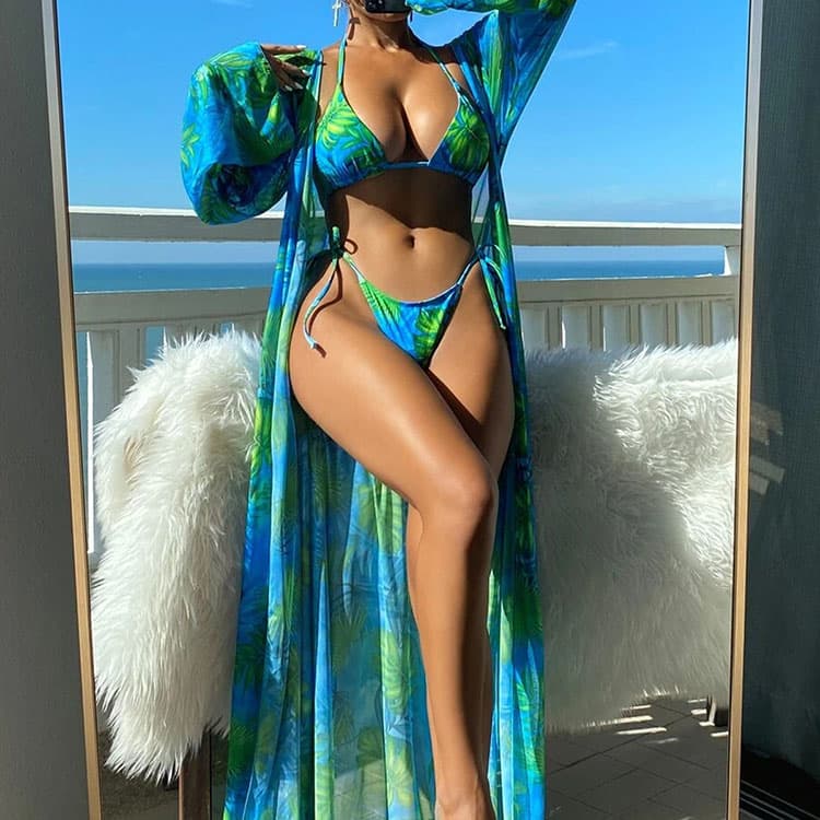 Hot Sell Beachwear Sexy 3 Piece Bikini Swimwear Leaves Print Bikini With Cover up