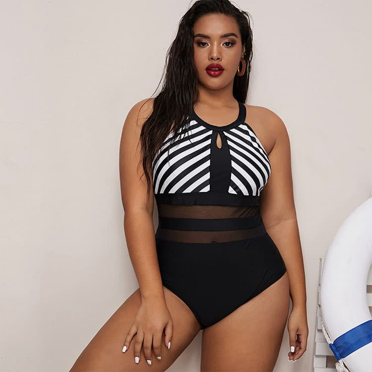 2022 Summer New Halter Neck Striped Split Mesh Plus Size One Piece Swimsuit