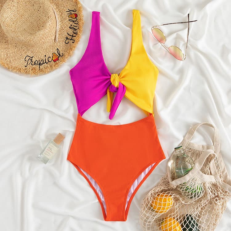 New Stitching Solid Color Hollow High Waist Triangle One Piece Beach Swimsuit