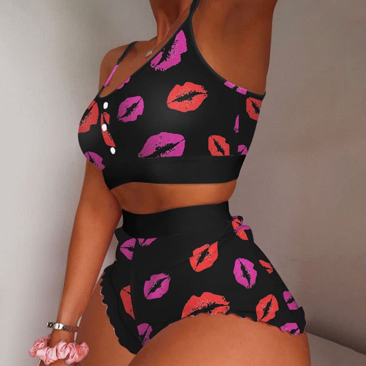 Women New Sexy Print Suspender Two Pieces Bikini Swimwear