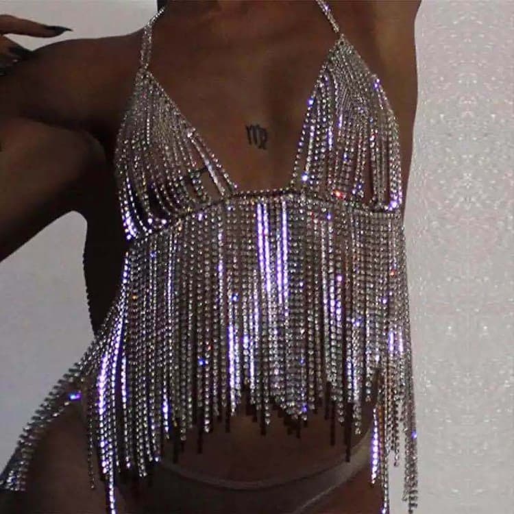 New Nightclub Carnival Accessories Full Diamond Sling Tassel Bra Thong Body Chain Suit
