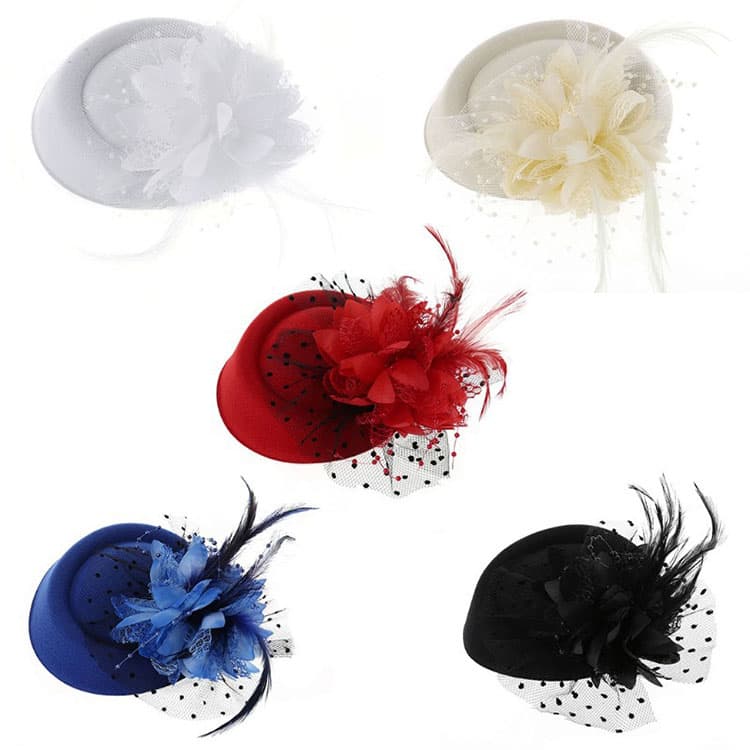 Vintage Imitation Wool Hat Pearl Feather Flower Brides Hair Accessory Wedding