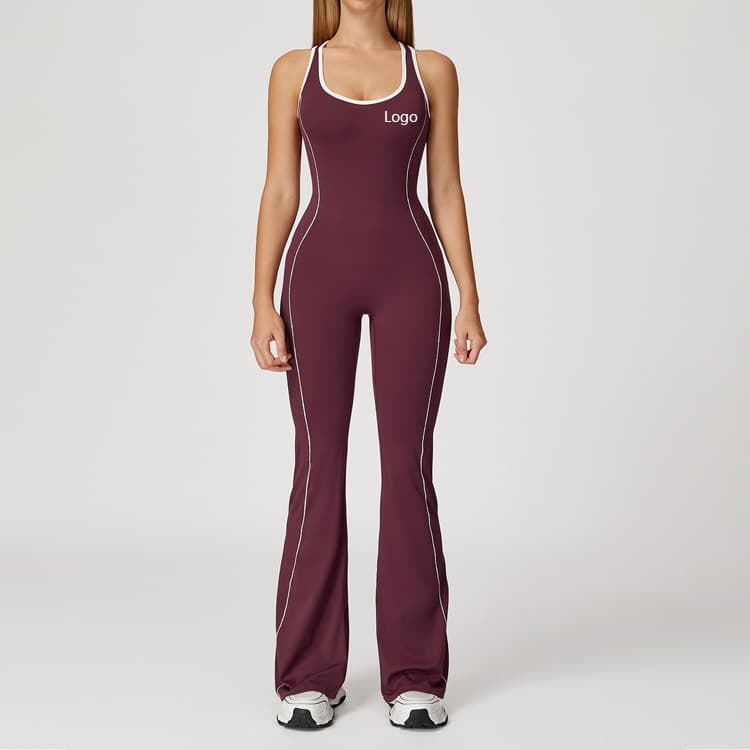 Nude Feel Hollow Out Backless Sports Bodysuit Contrast Color Hip Lift Flared Pants One Piece Yoga Jumpsuit