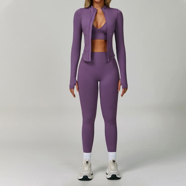 Fall Winter Running Sports Activewear Long Sleeves Zipper Jacket and Legging Seamless 3 Piece Yoga Fitness Set
