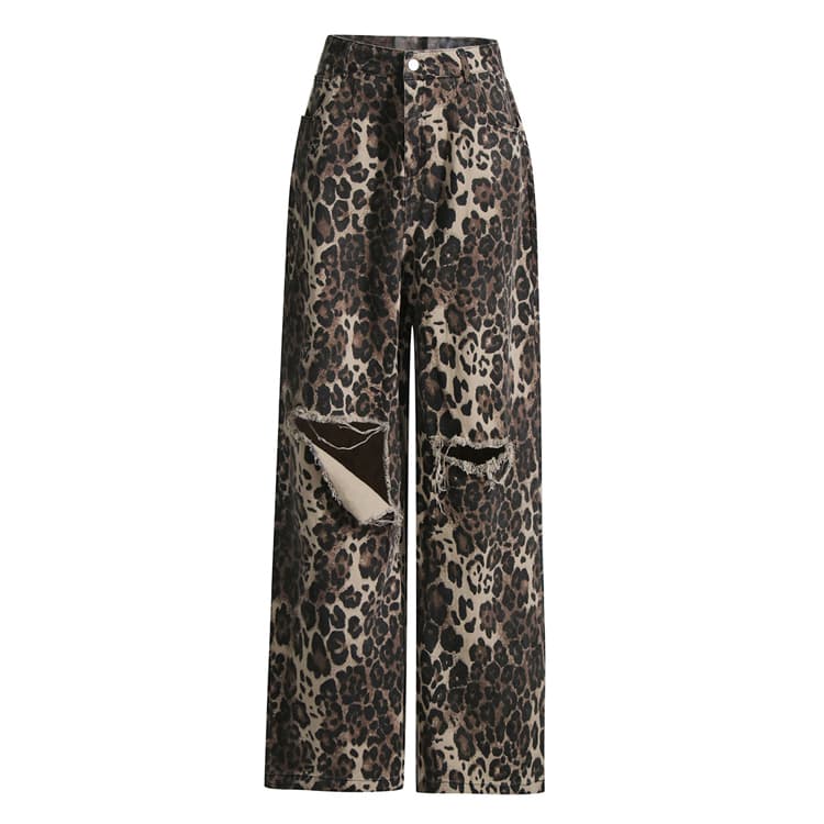 High End Leopard Jeans American Vintage Leopard Print Jeans High Waist Straight Pants Ripped Jeans Women