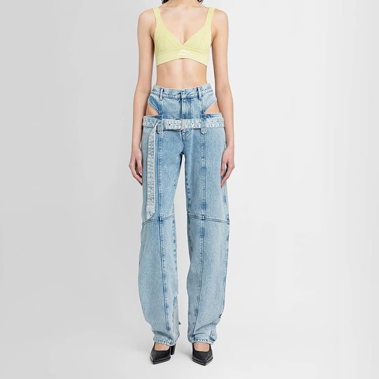 New Waistless Hollow Straight Jeans Fashion Denim Work Pants Washed Jeans