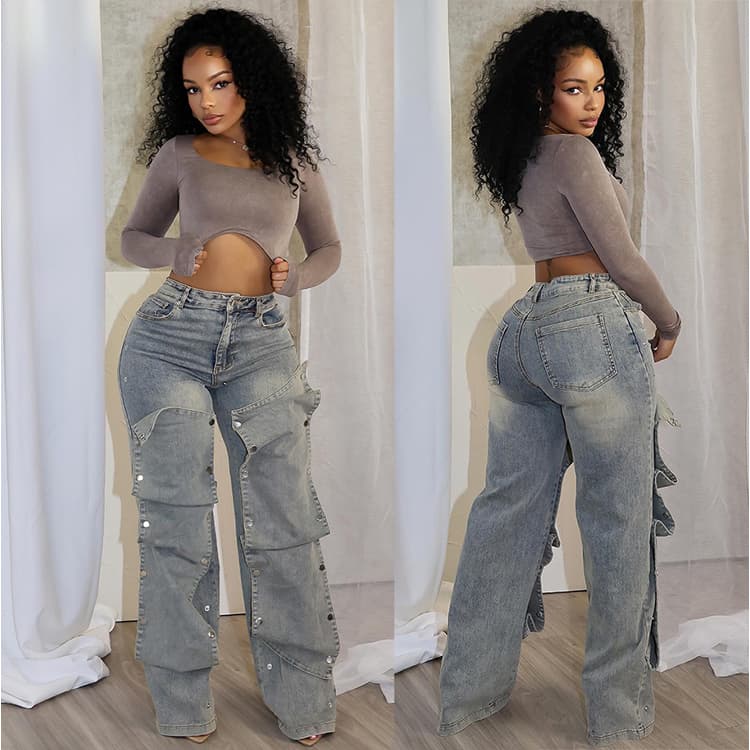 Autumn Street Trend Jeans Straight Leg Jeans Detachable Button High Waist Jeans