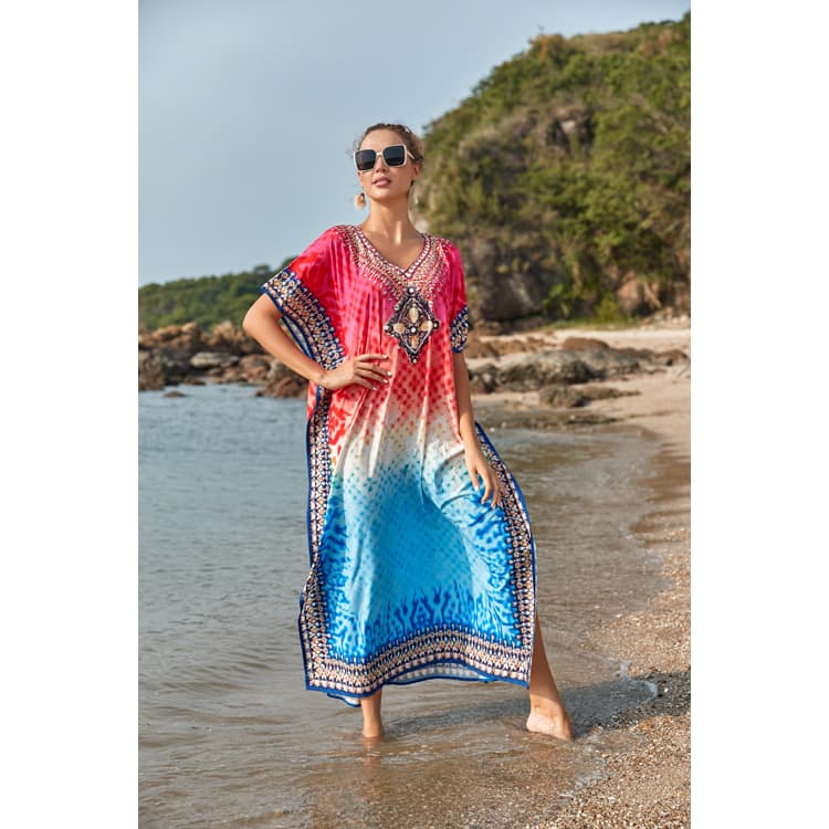 Unique Ethnic Style Red and Blue Gradient Quick Drying Long Skirt Plus Size Kaftan