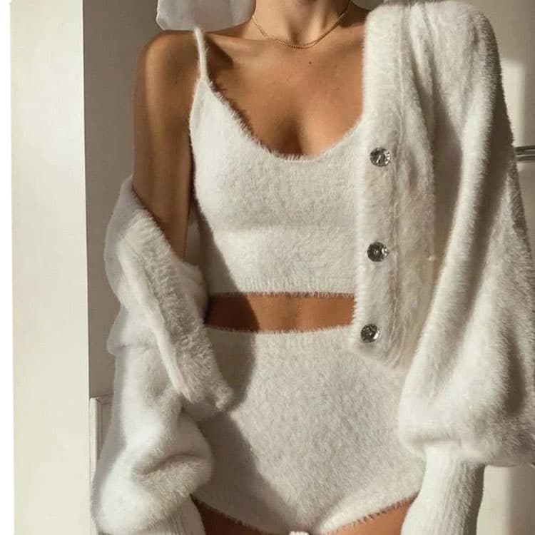 Fashion Imitation Mohair Women Suit Knitted 2 Piece Women Two Piece Set Fall 2022