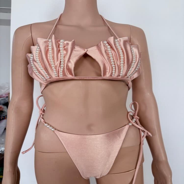 Customized Cute Sexy Pearl Shell Bra 2025 Bikini 2 Piece Pink Solid Satin Spa Swimwear